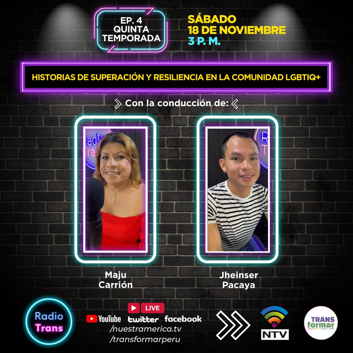 Transformarperu's tweet photo. 📣🌈Conéctate a un nuevo episodio de #RadioTrans para conversar sobre historias inspiradoras de personas LGBTIQ+ que han superado desafíos y adversidades. ¡No te lo pierdas!
🗓️ Sábado 18 de noviembre.
🕙 3 P. M.
🔴 EN VIVO por nuestro FB ✊ https://t.co/CvdiiiXReJ
