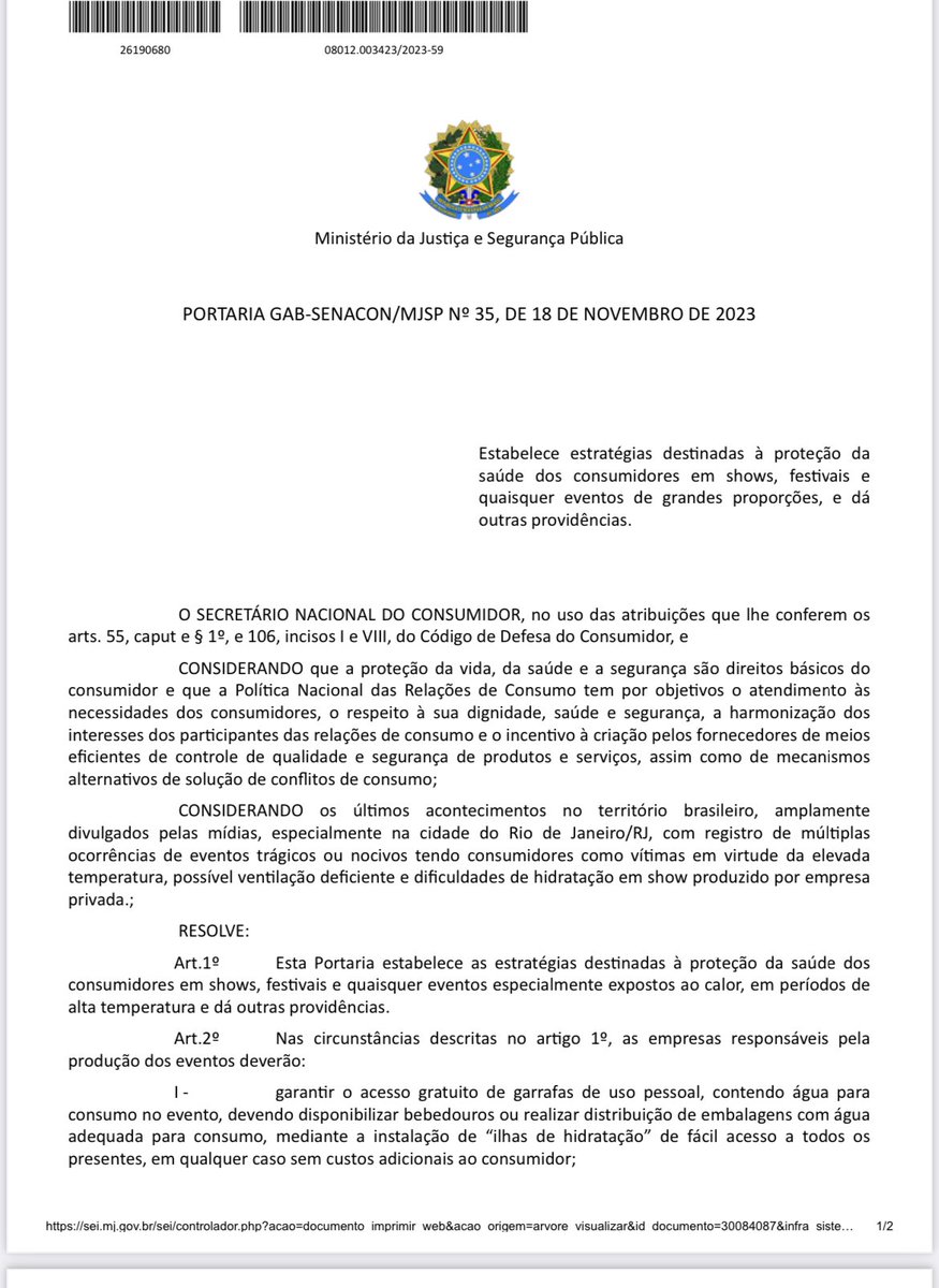 FlavioDino's tweet photo. Essa é a Portaria editada pelo Ministério da Justiça, para cumprimento obrigatório e imediato. Equipe está se dirigindo ao local do evento de hoje para notificação, além da publicação no nosso Site. A Secretaria Nacional do Consumidor também está informando ao Governo do Rio e à prefeitura da cidade.