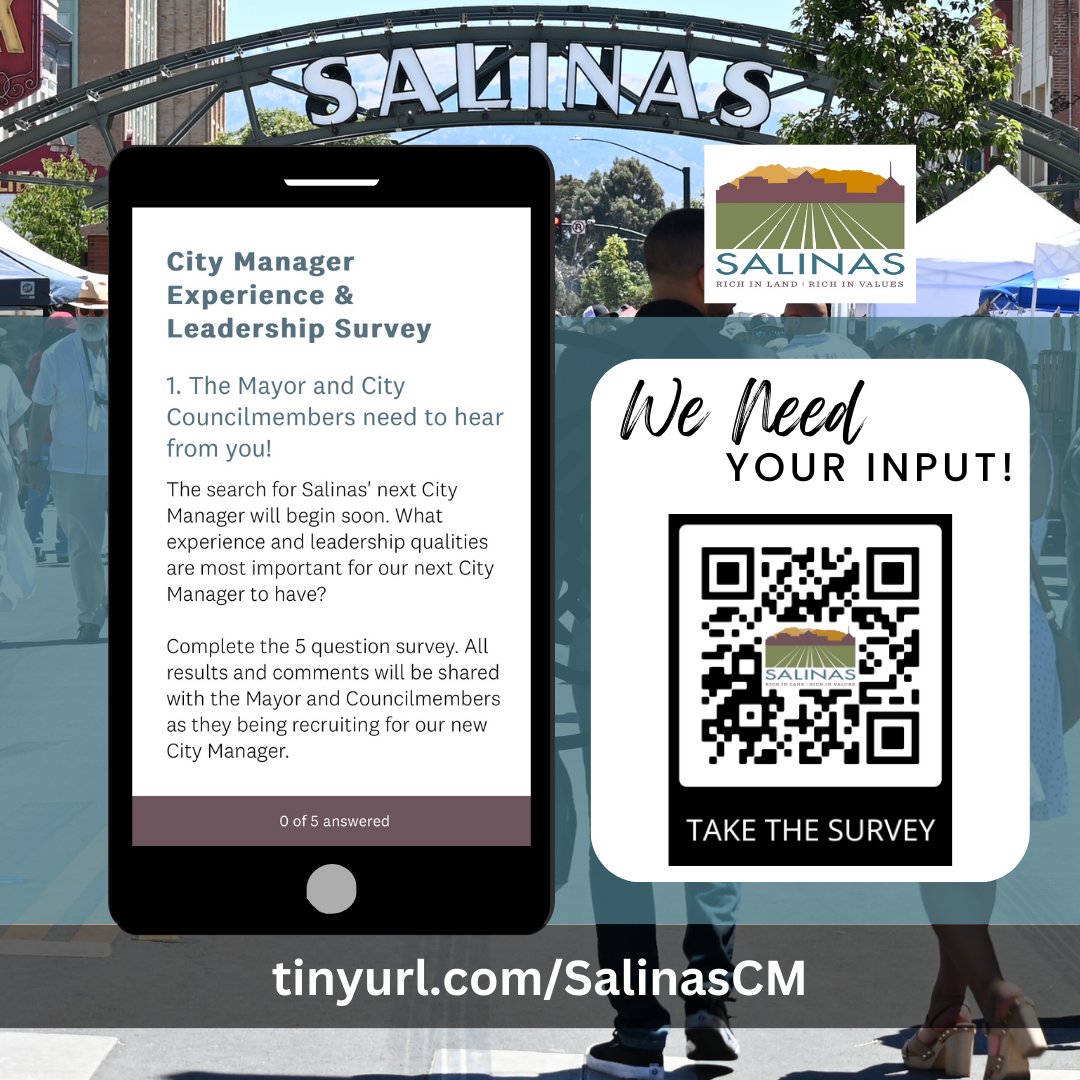 What experience and leadership qualities are most important for our next City Manager to have? Complete the 5 question survey by December 1 at 5PM. 

English: tinyurl.com/SalinasCM