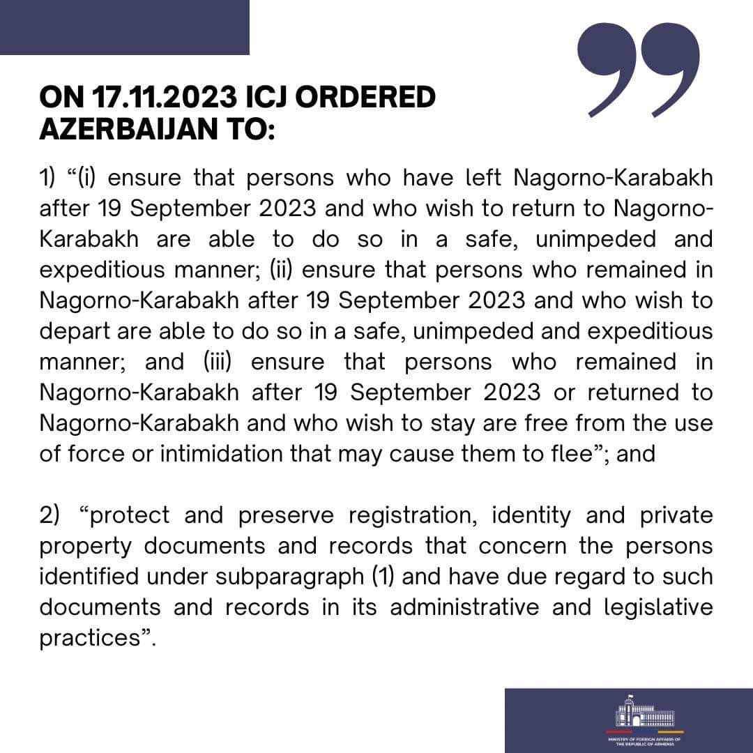 ❗️We welcome the Order of <a href="/CIJ_ICJ/">CIJ_ICJ</a> of Nov 17, which was adopted on request filed by #Armenia within the case brought against #Azerbaijan under Intl Convention on Elimination of All Forms of Racial Discrimination (#CERD).

Full MFA statement: 🔗mfa.am/en/interviews-…