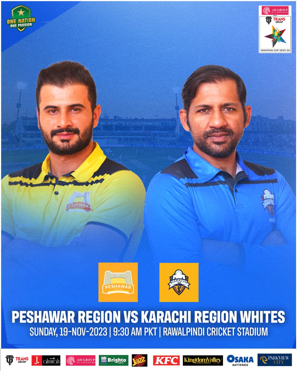 🚨 AH Group Presents TransGroup Pakistan Cup 2023-24 final to take place tomorrow 🏏

Peshawar 🆚 Karachi Whites
Pindi Cricket Stadium 🏟️
9:30 AM PKT ⏰

#PakistanCup | #PSHvKHIW