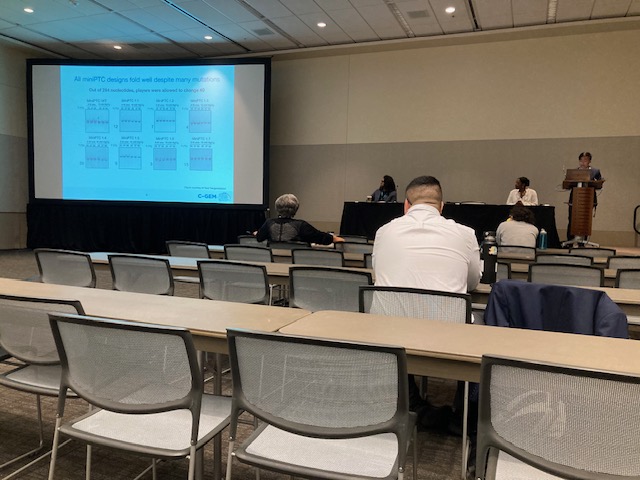 Great presentation by UC-Berkeley undergraduate Kenneth Hsu at #ABRCMS this morning on 'The Stability and Structural Characterization of Minimized E. coli Ribosome Constructs Generated via Community Science Optimization'. Stop by booth 1344 to learn more about the Eterna game.