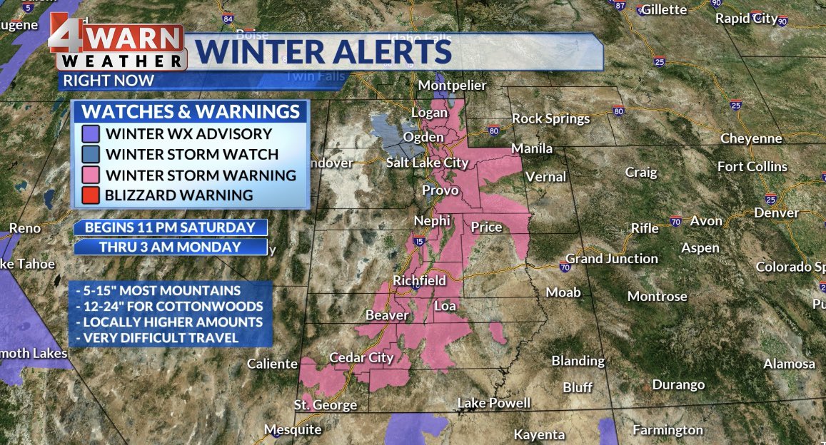⚠️🚨 UPGRADED 🚨⚠️ 

❄️A Winter Storm Warning issued for Northern, Central &amp; Southern #Utah mountains 🏔️ ❄️

Accumulating snow  with 1-2 FEET possible for the Cottonwoods. Wintery Travel ahead

Starts 11pm tonight thru early Mon AM ❄️

#utwx <a href="/abc4utah/">ABC4 News</a> 

abc4.com/utah-weather/f…