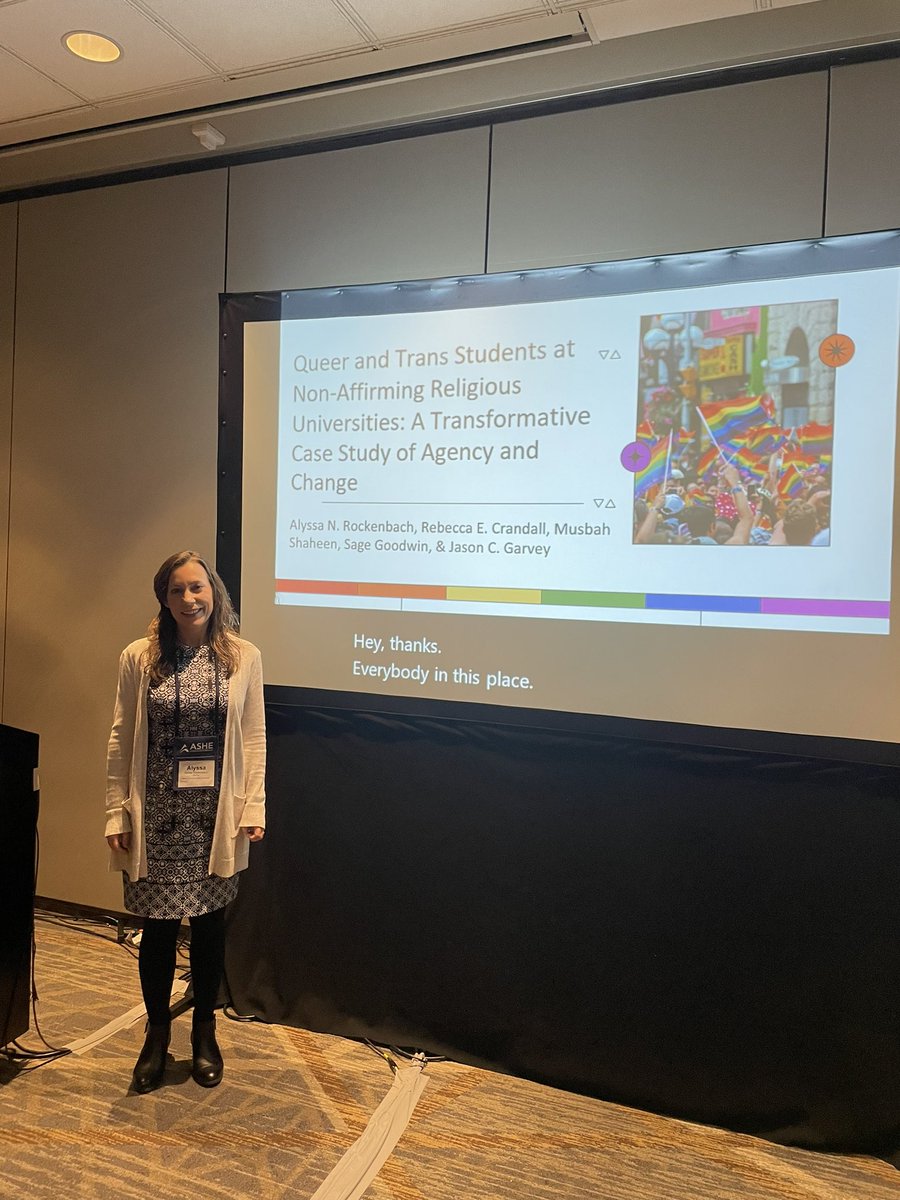 Our Program Coordinator, Dr. Alyssa Rockenbach, presented today on 'Queer and Trans Students at Evangelical Colleges:  A Transformative Case Study of Agency and Change' #NCStateatASHE #ASHE2023 @ASHEoffice