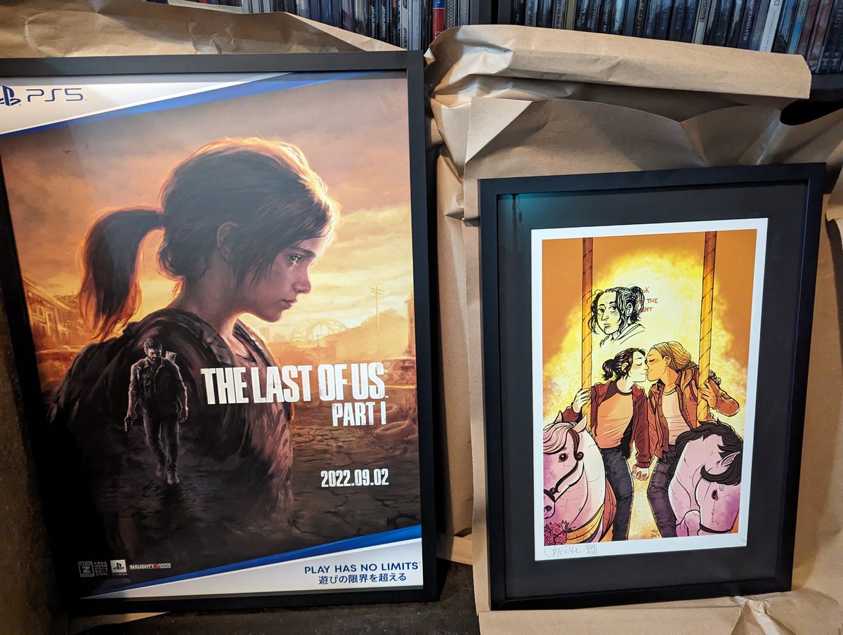 Sadly, framing art is very expensive. Museum glass, proper mounting etc. definitely can break the bank. I have a huge backlog I want to get framed but I can't do it all at once. This week I managed to get these two pieces by @KOPF_STOFF and <a href="/FaithErinHicks/">Faith Erin Hicks</a> (including an Ellie