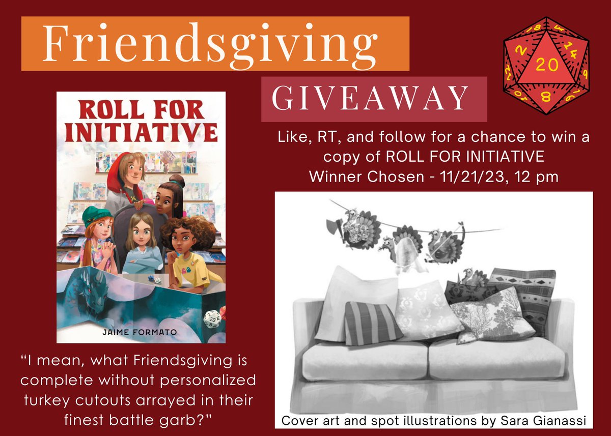 In ROLL FOR INITIATIVE, Riley & her friends plan the 'best Friendsgiving ever' complete with a corrupted turkey campaign and #DnD-themed decor. So, in that same spirit of nerdy friendship, let's do a #giveaway! 🎲Details below🎲 #mglit #dungeonsanddragons #kidlit #ttrpgfamily