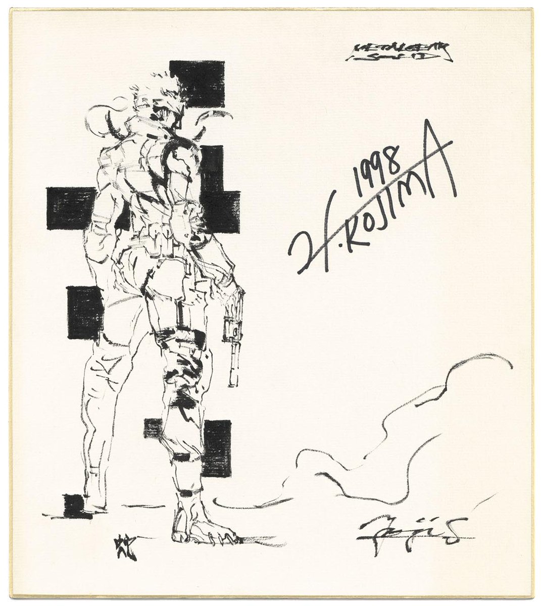 A different Metal Gear Solid artwork featuring Solid Snake by Yoji Shinkawa was also auctioned off on Mandarake in 2019, this one featuring Hideo Kojima's signature and dated 1998. It was sold for a price of 100,000 yen.
ekizo.mandarake.co.jp/auction/item/i…