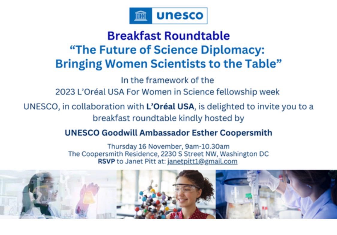GiusiCondorelli's tweet photo. Another significant opportunity to talk about Women in Science and Diplomacy and present our @WiSDC_ at the Roundtable with the 2023 L’Oréal laureate at the Coopersmith Residence! What a privilege to meet the legendary Esther Coopersmith! 
Thanks to L’oreal and @UNESCOEU . https://t.co/OKL9ZXS1aB