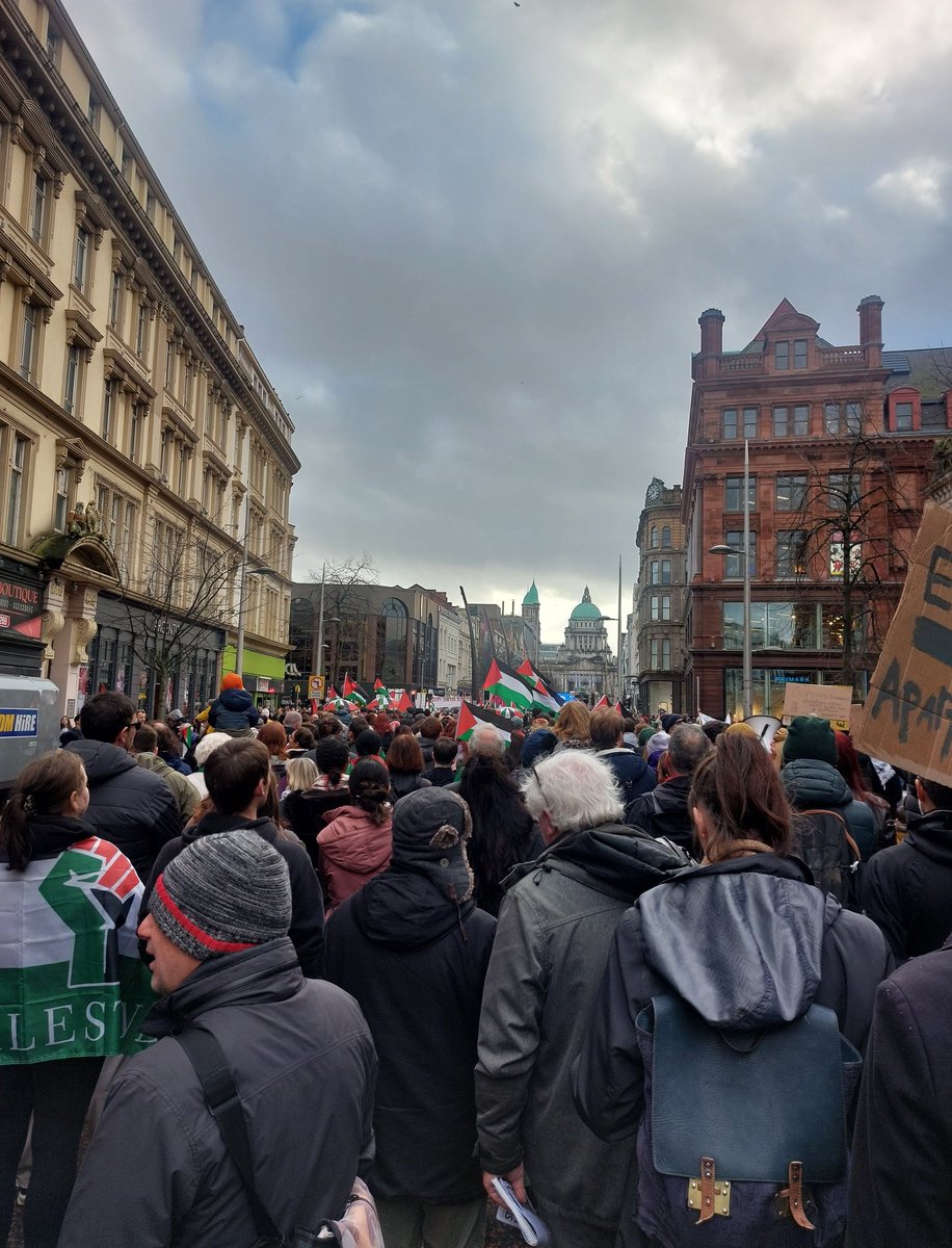 Great turnout at the Belfast march for Palestine today. My dad and I standing against genocide.  NI knows too well how difficult the road to peace is but it's not impossible. #CeasefireNowInGaza @NIC_ICTU #Alwayshope