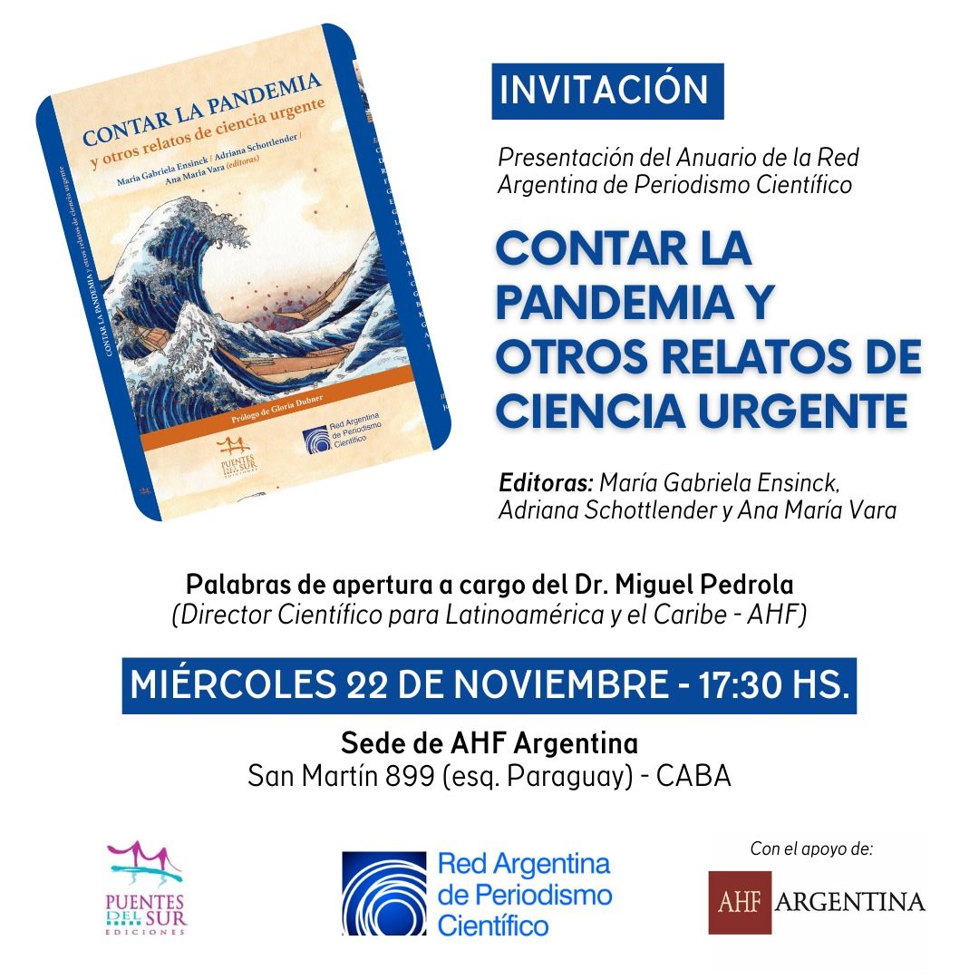 RAdPC's tweet photo. ¡Para agendar! 

📚 PRESENTACIÓN DEL ANUARIO DE LA RADPC

"Contar la pandemia y otros relatos de ciencia urgente"

🗓 Miercoles 22 de noviembre 
🕓 17:30 hs.
📌 Sede de AHF Argentina - San Martín 899 (esq. Paraguay) CABA 

¡Las/os esperamos! https://t.co/2RAdNtW8D3