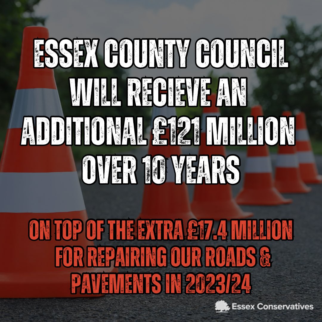🚨More money to fix potholes!🚨 

The Government have announced that Essex County Council will receive an additional £121 million over ten years to fix our roads. 

This is on top of the EXTRA £17.4 million Essex County Council is investing in highways this year.