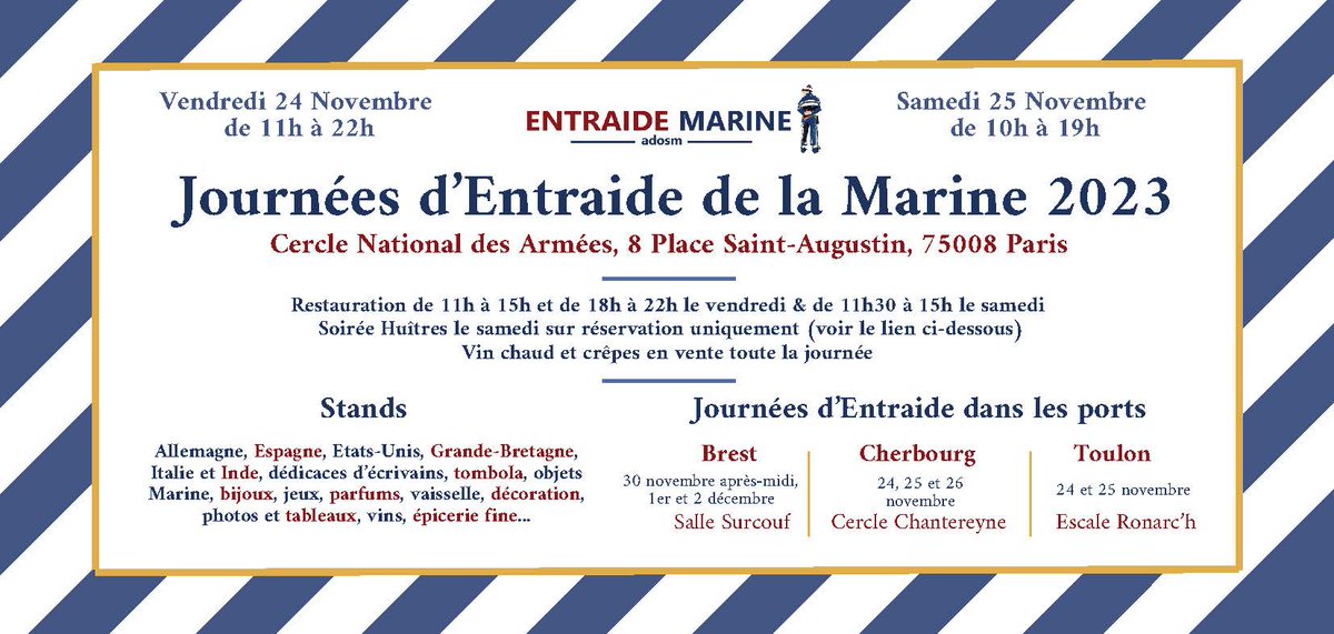 Je serai vendredi 24 et samedi 25 après-midi en soutien des journées parisiennes de <a href="/EntraideMarine/">Entraide Marine-Adosm</a> au Cercle National des Armées: entraidemarine.org/journees-dentr…