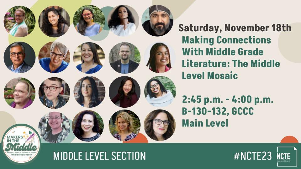 Alex_Corbitt's tweet photo. The @ncte Middle Level Mosaic was a blast! 15+ middle grades and YA authors talking with teachers about representation, craft, and text set development! AND attendees wrote found poems with authors to share their learning! #NCTE23 #MakersInTheMiddle https://t.co/ec6wCVedNR