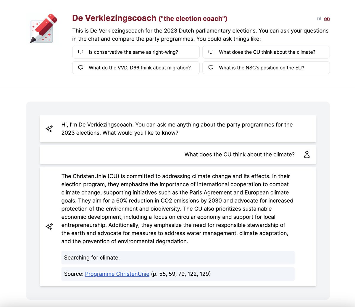 Thanks again <a href="/LangChainAI/">LangChain</a>, particularly <a href="/hwchase17/">Harrison Chase</a> and <a href="/Hacubu/">Jacob Lee</a> for Langchain! It powers deverkiezingscoach.nl/en/, a website where people can chat about the election programmes of political parties for the upcoming Dutch elections! 🚀 So cool how genAI can help people these days!
