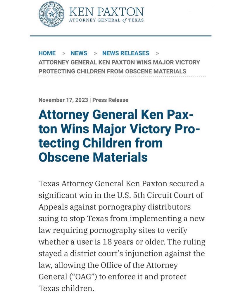 LailaMickelwait's tweet photo. 1. Texas passed a law requiring p*rn sites verify the age of users to prevent child access

2. P*rnhub had said age verification reduces profit and they sued Texas to halt the law

3. The Texas Attorney General fought back &amp; WON 

4. Now Big P*rn is liable for child exploitation https://t.co/WoBOBrMTS0