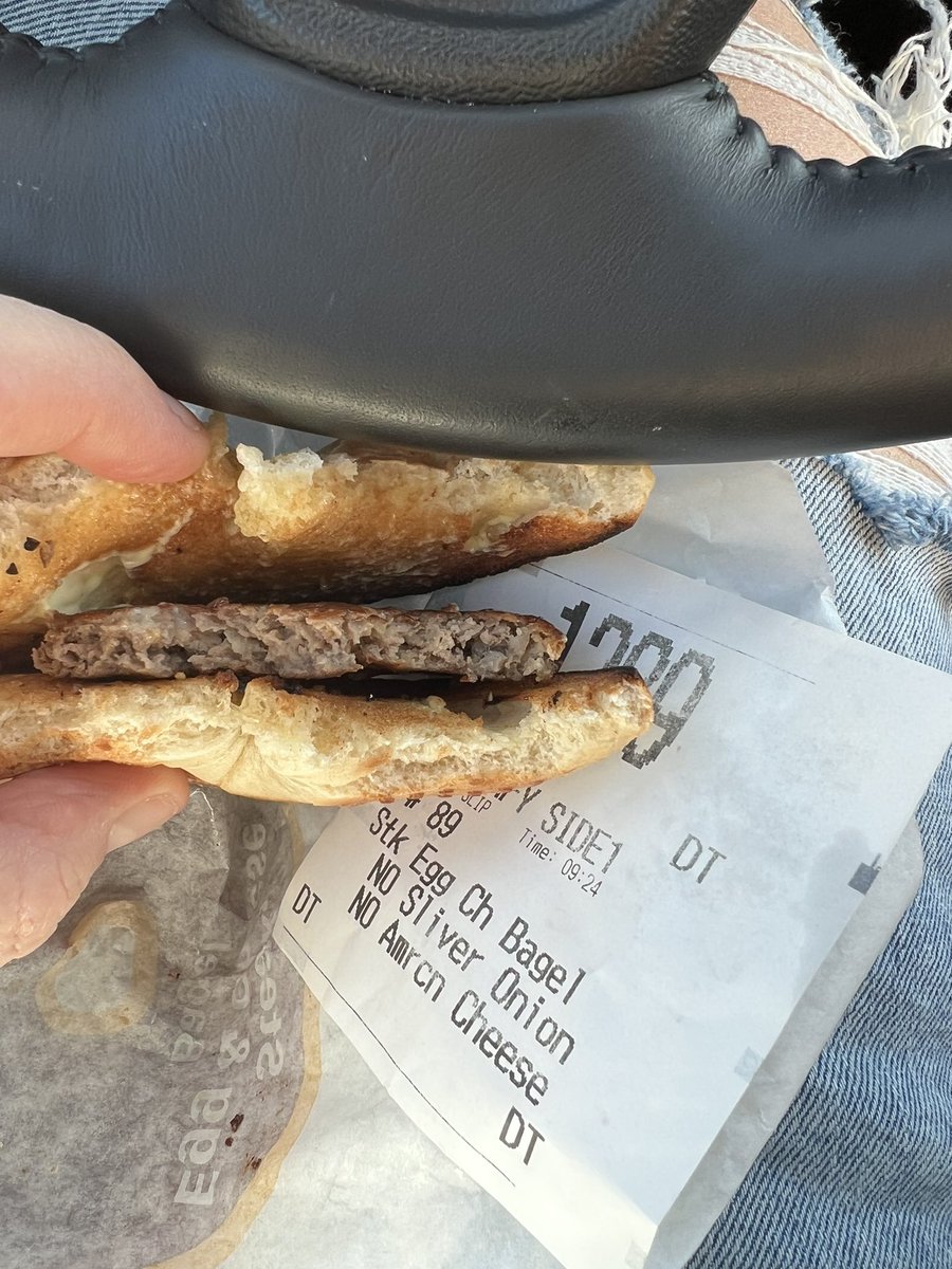 JChildsRN's tweet photo. When you ask for no onion, no cheese - and they hand you a bagel with just steak. Thanks for not giving me the egg @McDonalds. 🤦‍♀️ https://t.co/IbzSkIfOHZ