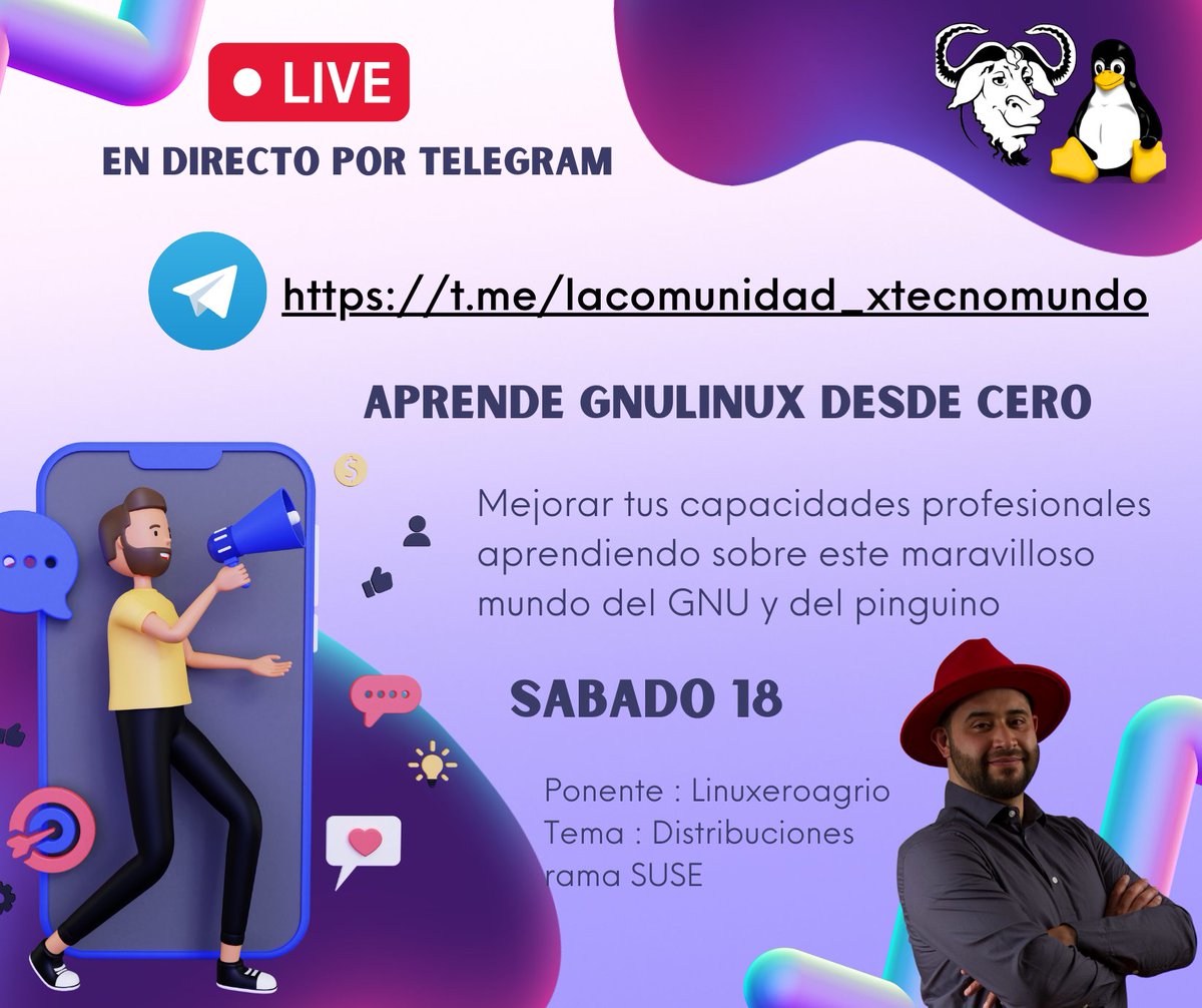 4Sentinell's tweet image. Continuando con nuestro #SeminarioGNULinux, el dia de hoy en exacmente dos horas (1900 horas) tendremos la ponencia sobre las distribuciones de la rama #SUSELinux #opensuse #SUSE.
t.me/lacomunidad_xt…