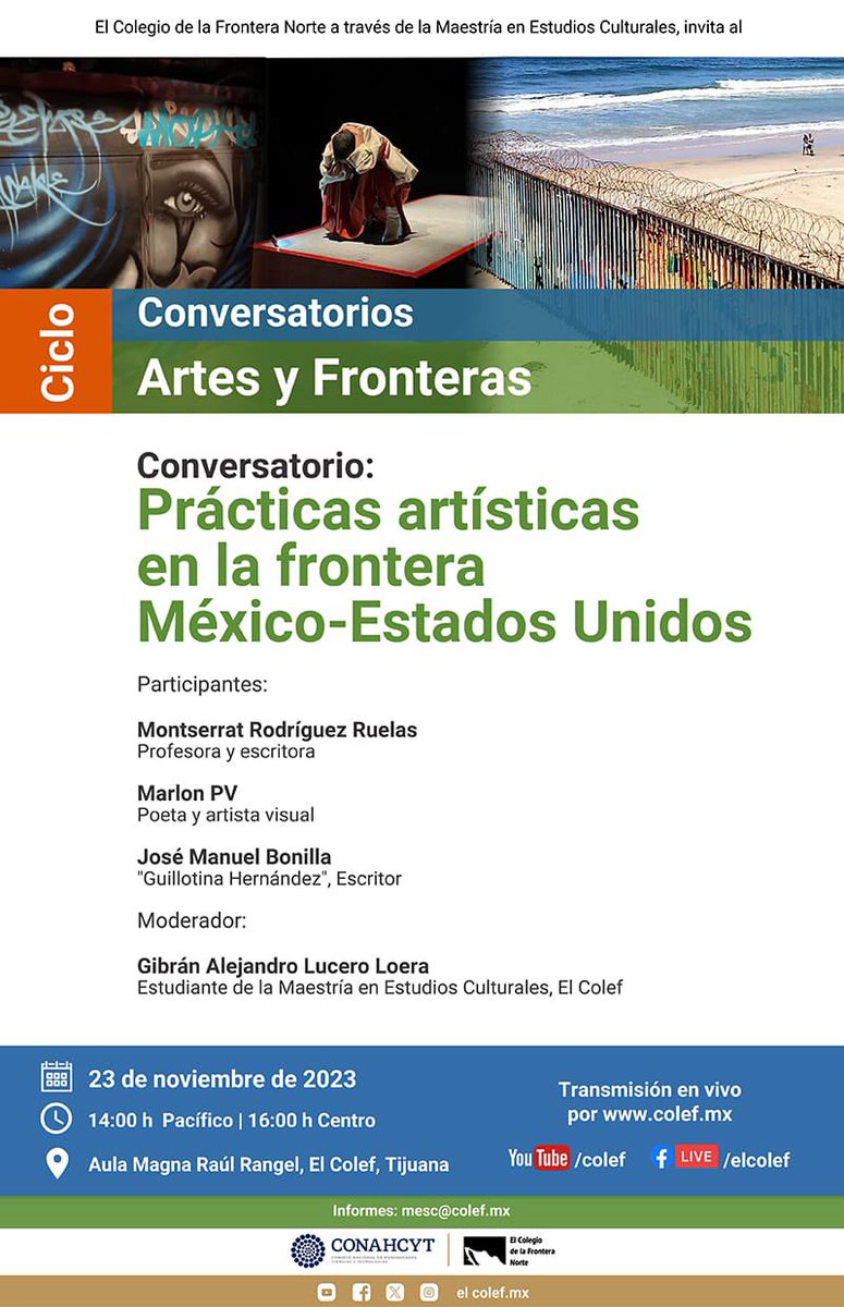 Este miércoles 23 estaré en <a href="/elcolef/">El Colef</a> platicando sobre “Aunque es de noche” con otrxs artistas que admiro, entre ellxs mi amiga <a href="/pv_marlene/">Marlon PV</a> 
Nos vemos, ya sea presencial o por la transmisión en vivo 😋
Muchas gracias Gibrán Lucero por la invitación 💫