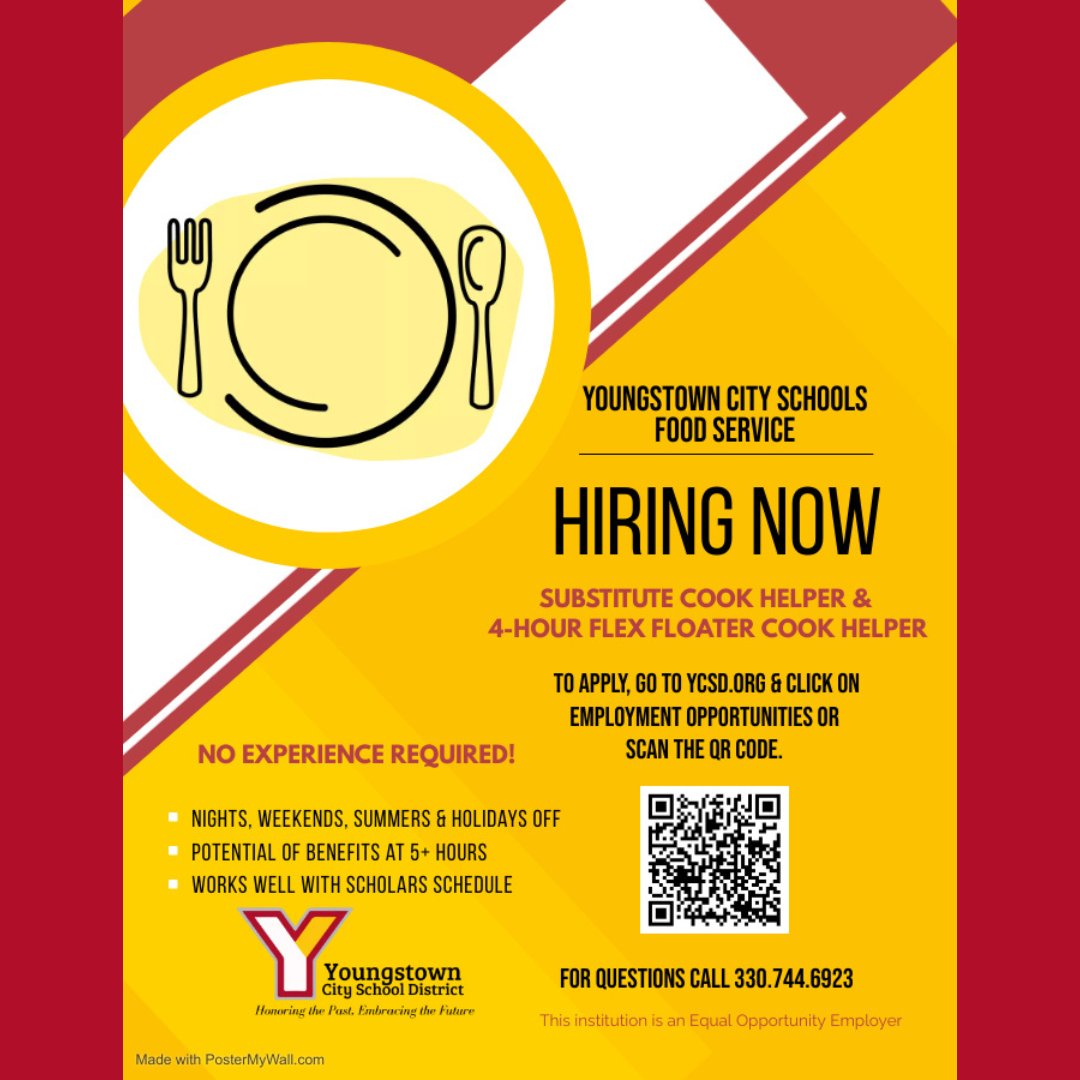 YtownSchools's tweet photo. Join our food service team! Call 330-744-6923 to learn more. Thanks for sharing! #YCSDFamily #Hiring #FoodService #Jobs https://t.co/TBdvBMY749