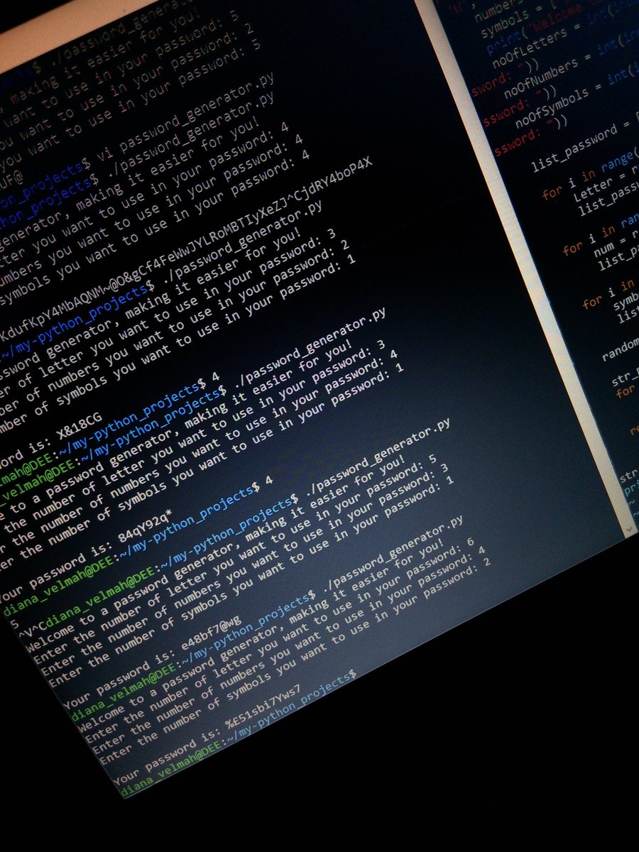 diana_velmah's tweet image. #100DaysOfCode implemented a simple program to #generatepassword if you are too lazy to think of a password this program can generate you a strong safe password 😁.  It&apos;s really not complicated I used, for loop, list, input, range, and random modules in python.