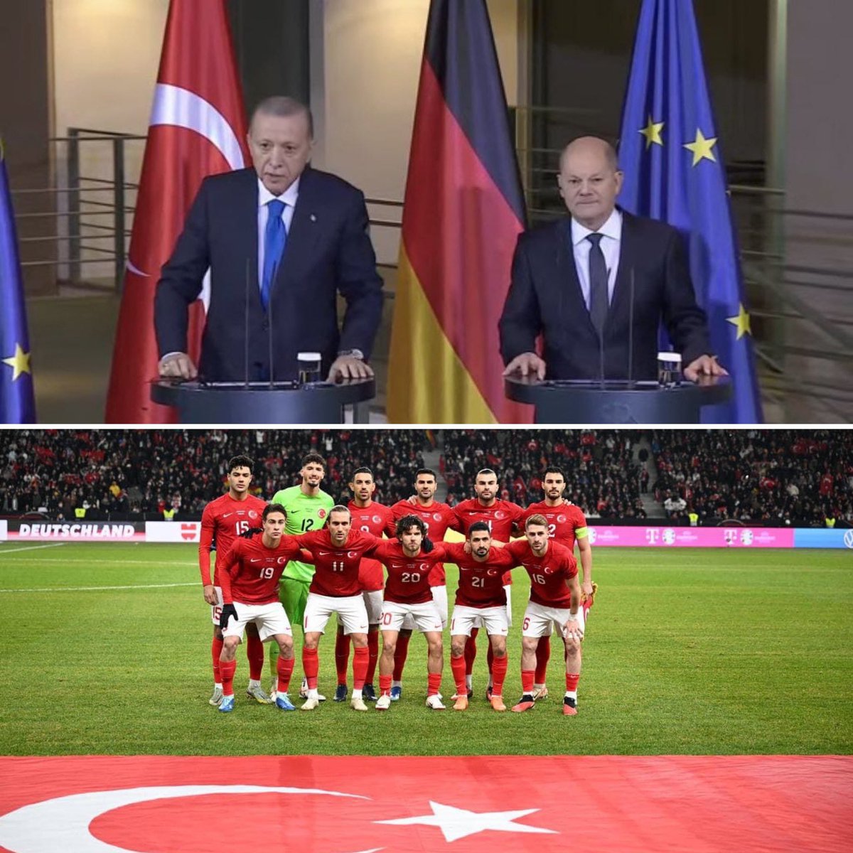 😱Almanya son 24 saatte 2 büyük şok yaşadı! 👊🏻Önce reis Scholz’u masada tokatladı, sonra #BizimÇocuklar Almanya-Türkiye maçında Alman futbolcuları sahadan sildi. 🇹🇷Sahada, masada, sporda, diplomaside Türk’ün gücü ve kararlılığı var.