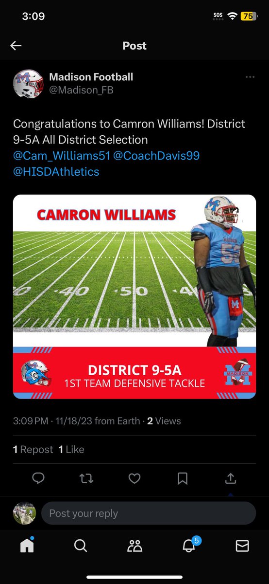 Cameron Williams (@cam_williams51) on Twitter photo Blessed to receive this opportunity itās only up from here much more work to do #AGTG <a href="/Madison_FB/">Madison Football</a> <a href="/CoachDavis99/">COACH D</a> <a href="/HISDAthletics/">Houston ISD Athletics & UIL Academics</a> Blessed to receive this opportunity itās only up from here much more work to do #AGTG <a href="/Madison_FB/">Madison Football</a> <a href="/CoachDavis99/">COACH D</a> <a href="/HISDAthletics/">Houston ISD Athletics & UIL Academics</a>