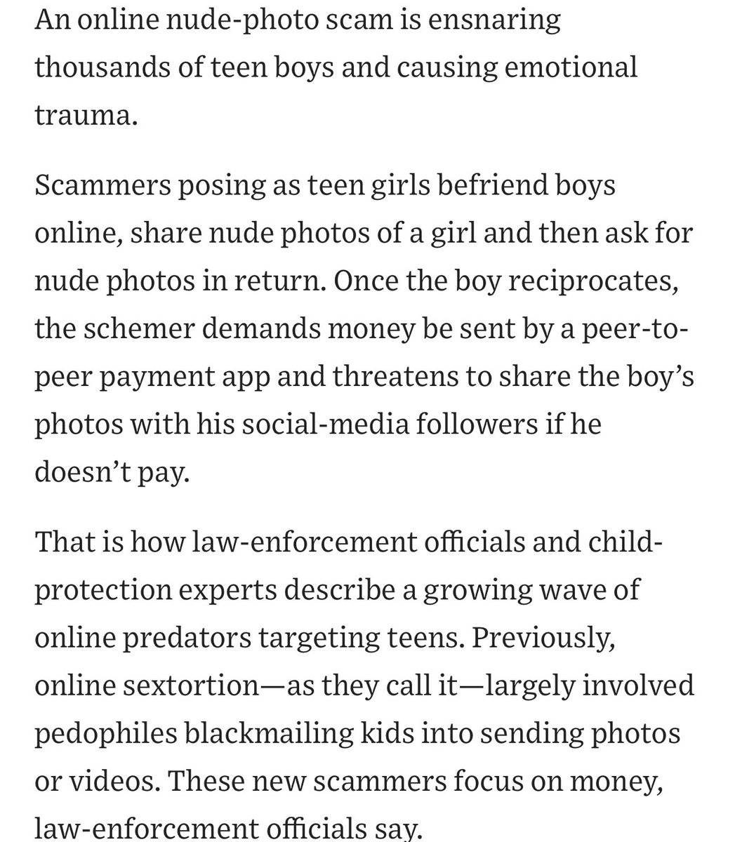 Blackmailing teenagers over nude pictures is a crime that should be punished with a severity bordering on cruel and unusual. 10+ years in federal prison for anyone convicted. Predator drones for the criminal gangs in third-world countries organizing this.

I’m completely serious.