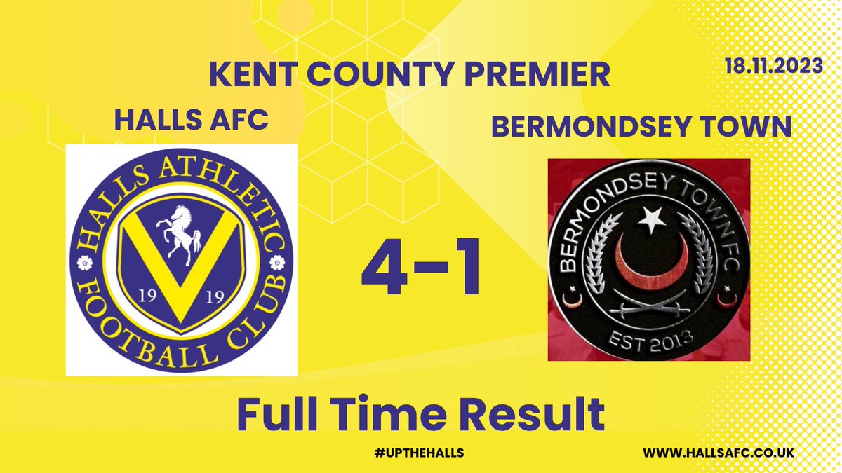 FULL TIME RESULT 

Goals from <a href="/Golding_ryan1/">Ryan Golding</a> x 2, <a href="/ZackManning12/">Zack Manning</a> and <a href="/hallsie21/">Aaron Hall</a> 

We move on to Wednesday under the lights against <a href="/WellingParkFC/">Welling Park</a> 

#UPTHEHALLS 💛💙 <a href="/KCFL1516/">Kent County FL News</a>