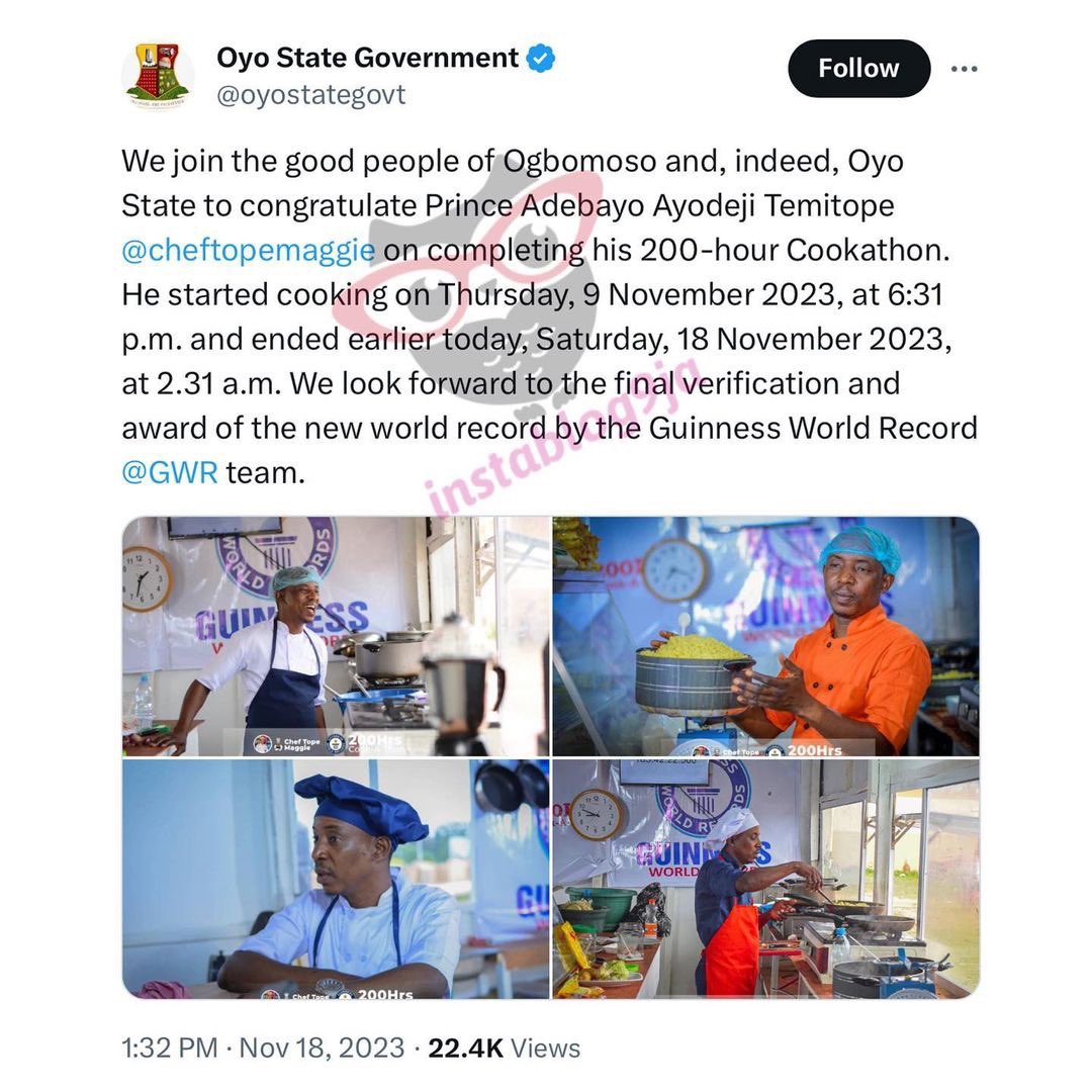 instablog9ja's tweet photo. GWR: Nigerians rejoice as Oyo chef ‘breaks’ Irish chef, Fisher’s cooking record to reclaim title for the nation https://t.co/5HtXwNAGUy