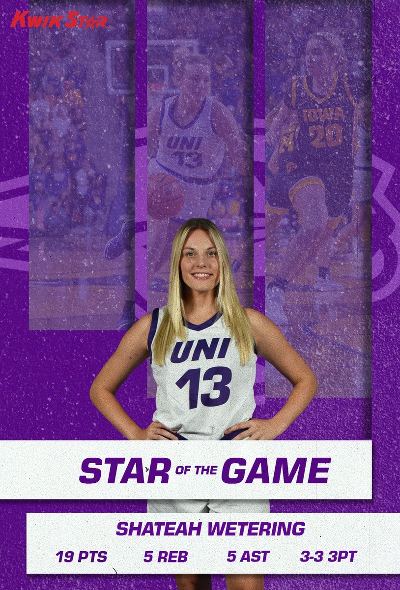UNIwbb's tweet photo. A career-high 19 points from Shateah Wetering today!  She is your @KwikStar Star of the Game

#EverLoyal #1UNI https://t.co/W9pGKblxJ8