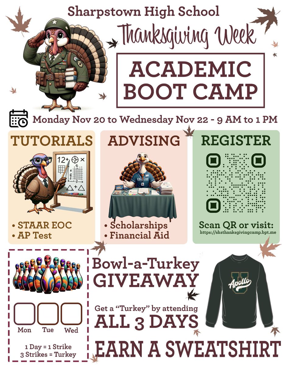 TJCotter's tweet photo. @Sharpstown_HS will host our very first Thanksgiving Academic Boot Camp to prepare our students for the upcoming December EOCs and AP testing. Join us Monday through Wednesday for fun, food, and a free sweatshirt! #GoingforGold #SharpstownStrong https://t.co/DzjpShMwhs