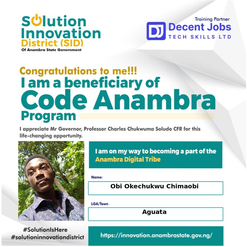 MaobiObi's tweet photo. I'm excited to be part of the Code Anambra Program. I want to appreciate His Excellency @CCSoludo and his amazing team @Chinweokoli @solution_sid and @djtechskills for this opportunity. 
#CodeAnambra
#AnambraDigitalTribe
#solutioninnovationdistrict
#SolutionIsHere https://t.co/THyZrnuZIV