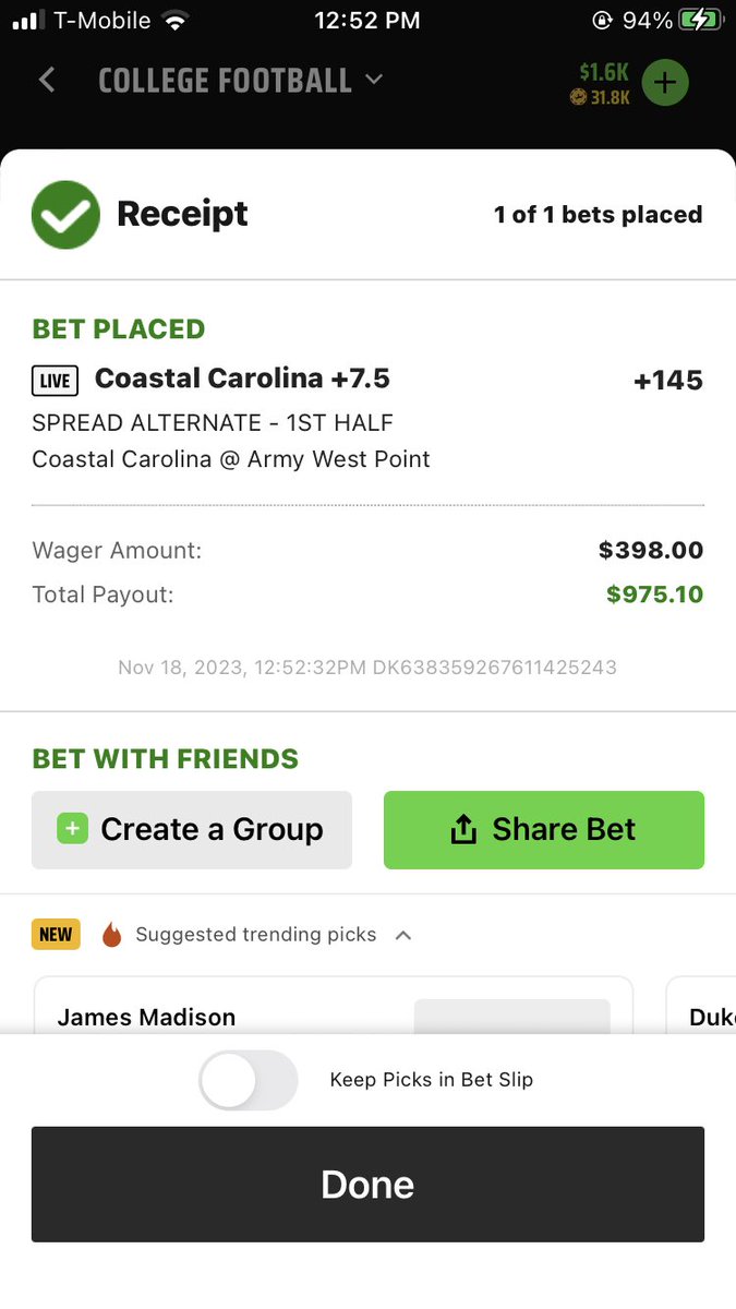 $140+ for FREE 💸

Caesars:
Army 1H -7.5 at +125
$433.34 to win $975

DK:
Coastal Carolina  1H +7.5 at +145
$398 to win $975

Betting $831.34 to win $975 for a profit of $144!

A massive live arb thanks to <a href="/OddsJam/">OddsJam.com</a>