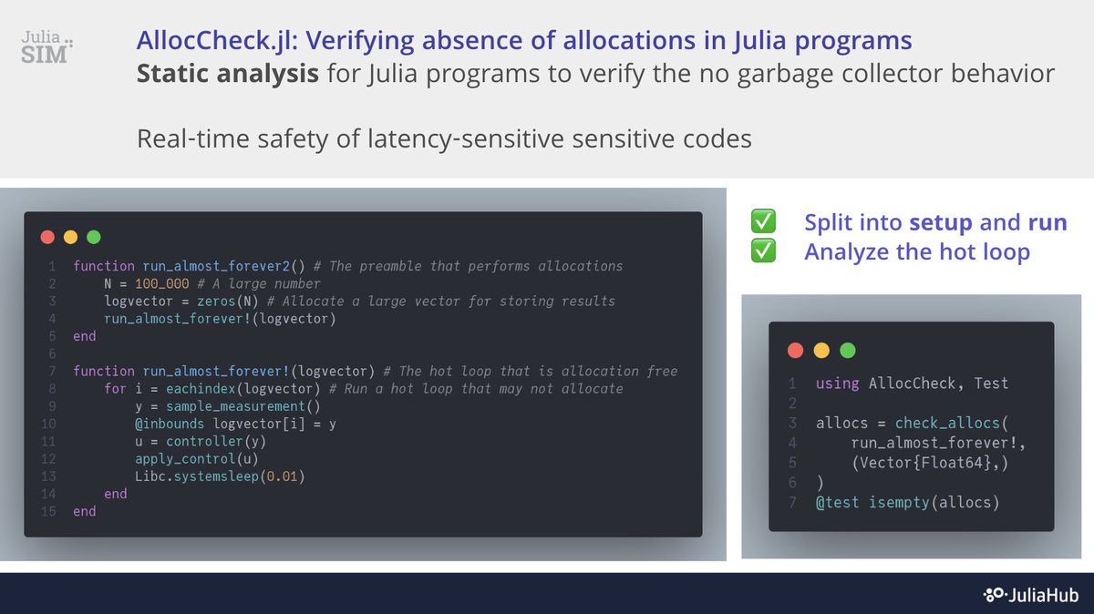 New open source tool from @JuliaHub_Inc: static code analysis to prove that a #julialang code is allocation-free. Use this to ensure that codes are safe for real-time applications, such as how we use it for JuliaSim to analyze #SciML control codes! github.com/JuliaLang/Allo…