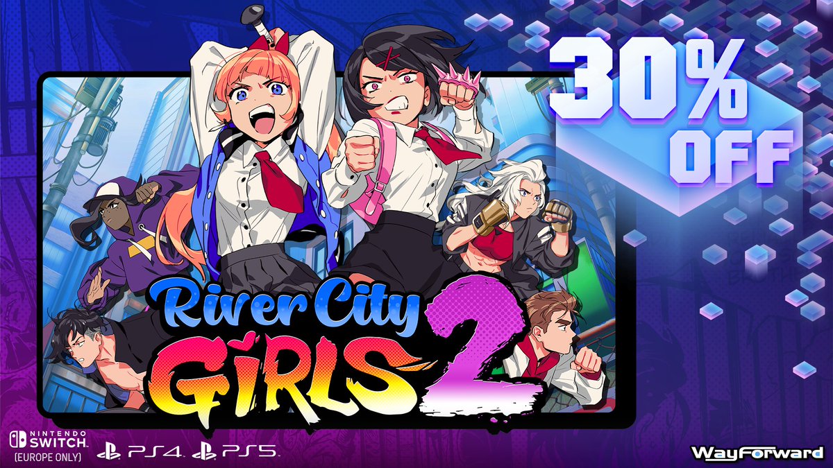 Higher stakes! Meaner streets! Lower prices! The co-op beat-'em-up action of River City Girls 2 is now 30% off on Switch (EU) and PlayStation 4 & 5! (Sale coming soon to other platforms!) Switch (EU): bit.ly/RCG2_NSEU PS4/PS5: bit.ly/RCG2_PS4PS5