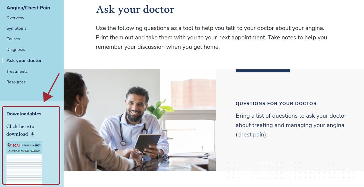 SCAI's tweet image. Did you know that #SecondsCount includes "Ask Your Doctor" printable worksheets to make discussing heart conditions and treatment easy for you and your patients? Learn more at SecondsCount.org