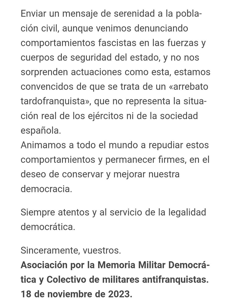 𝑴𝑰𝑳𝑰𝑻𝑨𝑹𝑬𝑺 𝑨𝑵𝑻𝑰𝑭𝑹𝑨𝑵𝑸𝑼𝑰𝑺𝑻𝑨S🔻 (@militaresantifa) on Twitter photo Nuestro comunicado en rechazo al manifiesto de ese grupo de militares (R).
militaresantifascistas.org/2023/11/18/com… vía .<a href="/militaresantifa/">𝑴𝑰𝑳𝑰𝑻𝑨𝑹𝑬𝑺 𝑨𝑵𝑻𝑰𝑭𝑹𝑨𝑵𝑸𝑼𝑰𝑺𝑻𝑨S🔻</a>
De Ustedes depende si quieren, que esto va a ser mucho menos difundido que las salidas de tiesto de los franquistas.
Sinceramente vuestros, ciudadanos. Salud. Nuestro comunicado en rechazo al manifiesto de ese grupo de militares (R).
militaresantifascistas.org/2023/11/18/com… vía .<a href="/militaresantifa/">𝑴𝑰𝑳𝑰𝑻𝑨𝑹𝑬𝑺 𝑨𝑵𝑻𝑰𝑭𝑹𝑨𝑵𝑸𝑼𝑰𝑺𝑻𝑨S🔻</a>
De Ustedes depende si quieren, que esto va a ser mucho menos difundido que las salidas de tiesto de los franquistas.
Sinceramente vuestros, ciudadanos. Salud.