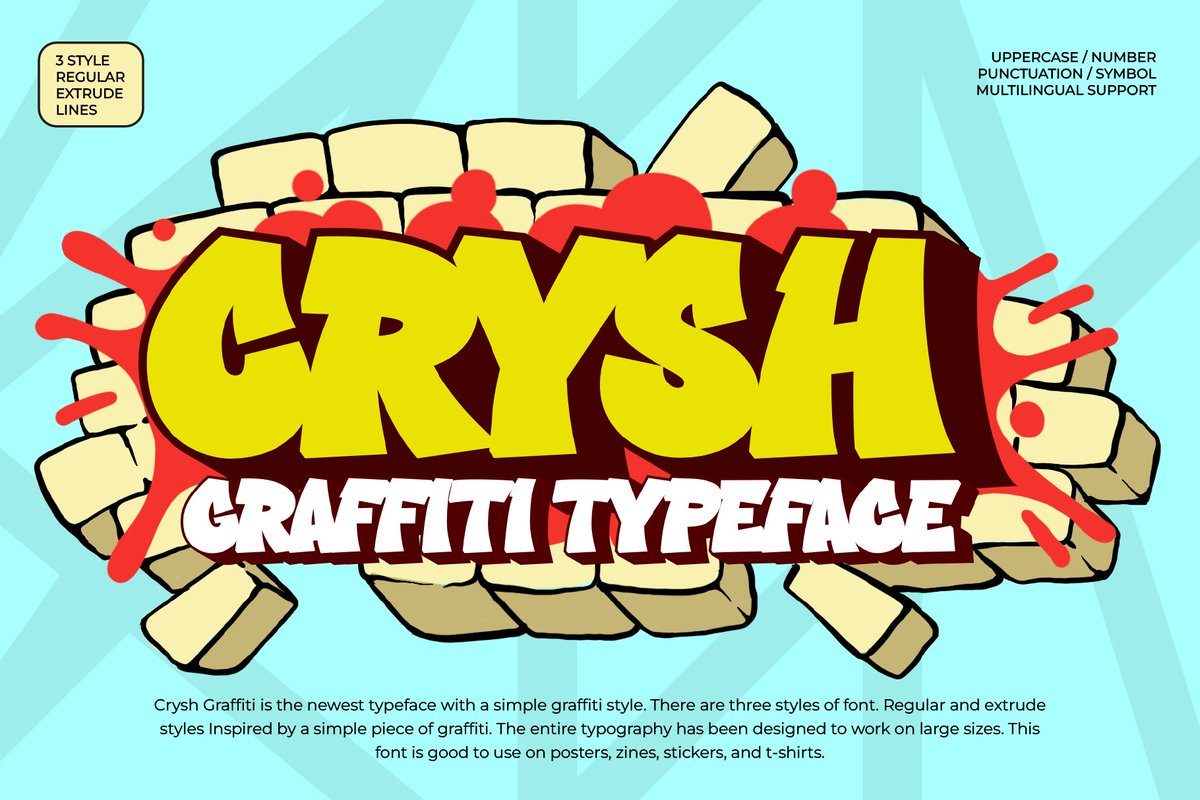 FitrahType's tweet photo. Crysh Graffiti is the newest typeface with a simple graffiti style. There are three styles of font. Regular and extrude styles Inspired by a simple piece of graffiti. 
#Typeface #TypeDesign #GraphicDesign #Font #Fonts #graffiti #typography #fun https://t.co/aBHjbwTpAQ