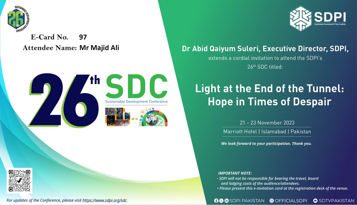 Thanks to @SDPIPakistan for the invitation to attend the 26th Sustainability Development Conference. Looking forward to enjoying the thought-provoking sessions.
#SDC #SIE2023