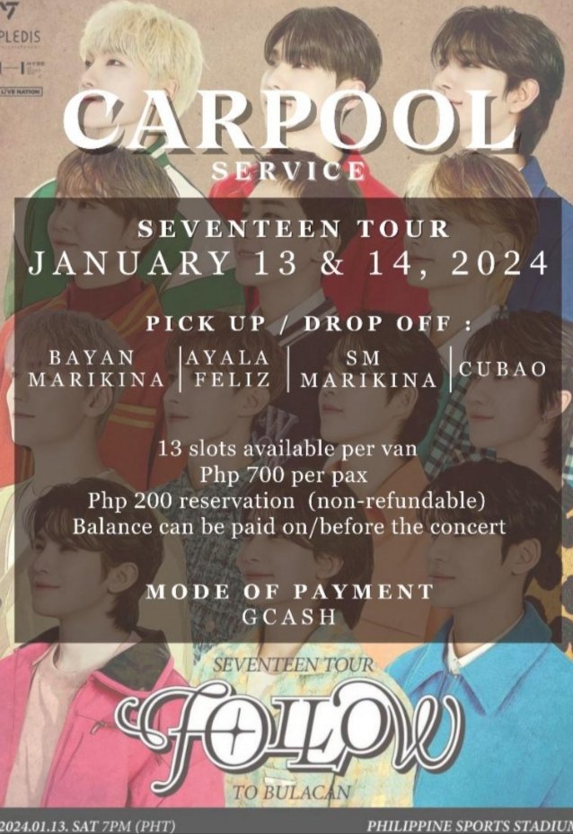 encorex_shuttle's tweet photo. First 13 joiners will get โฑ50 off, and if you bring along 3 more carats,enjoy another โฑ50 off your ride! ๐ซถ๐ป
#SEVENTEENinBULACAN #FOLLOW_TO_BULACAN #SVT_TOUR_FOLLOW wts lfb lf seventeen follow tour carpool philippine sports stadium arena bulacan svt ph freeclaims https://t.co/1Tg50hgOS5