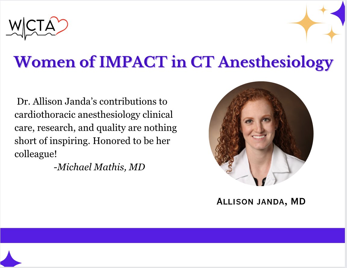 Dr. Janda is a CT anesthesiologist at University of Michigan and tenure-track faculty. She is extensively published, including multiple first-authored publications, a quality improvement champion, and an effective teacher and educator.