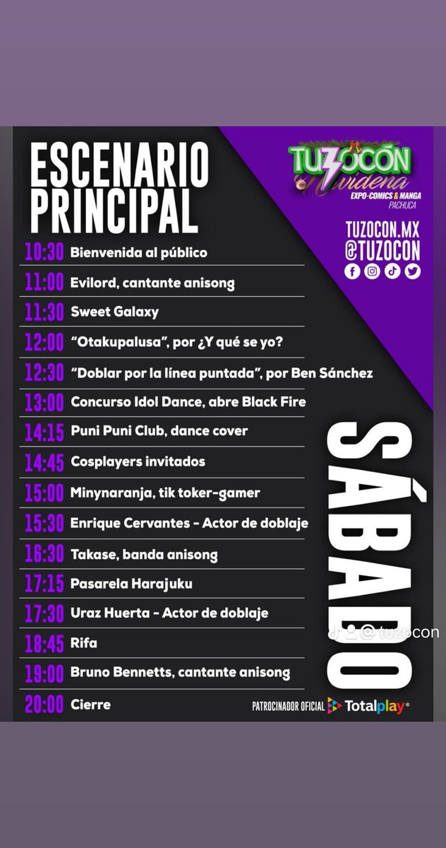 ExpoTuzocon's tweet photo. Programa escenario principal Sábado y Domingo #tuzoconnavideña #tuzocon #vivelaexperienciatotalplay https://t.co/zJmQgnQ7RA