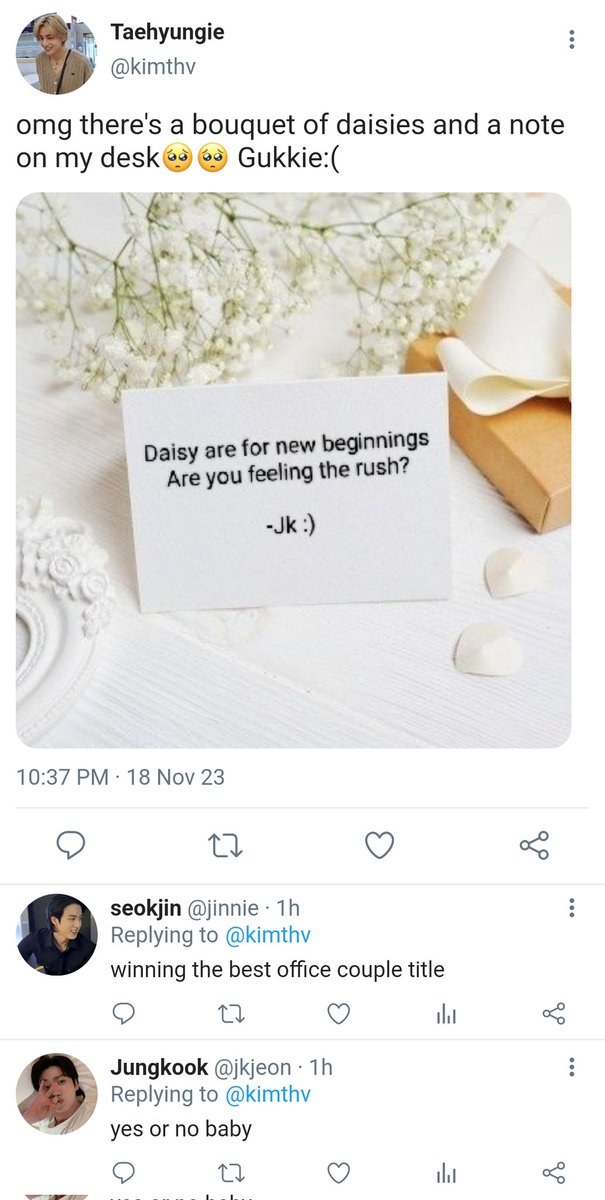 vkooksimp's tweet photo. #taekookau where everyday Jungkook drops flowers on his co-worker, Taehyung's desk, with a simple question of yes or no-
#taekook https://t.co/9kKfY5Lnsy