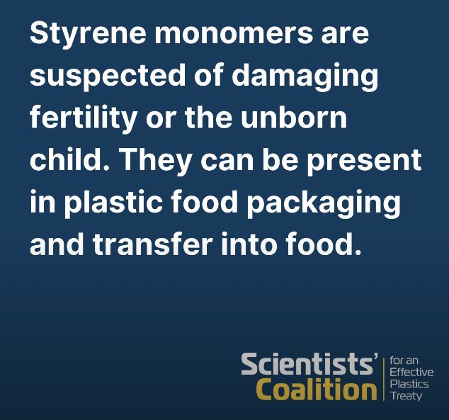 💡 Did you know that there is evidence suggesting that styrene monomers are damaging fertility or the unborn child? They can be present in #plastic food packaging and transfer into the food we eat. 😵‍💫 <a href="/ScientistsCoa/">Scientists' Coalition for Effective PlasticsTreaty</a> campaign vs disinformation at #INC3.  #PlasticsTreaty