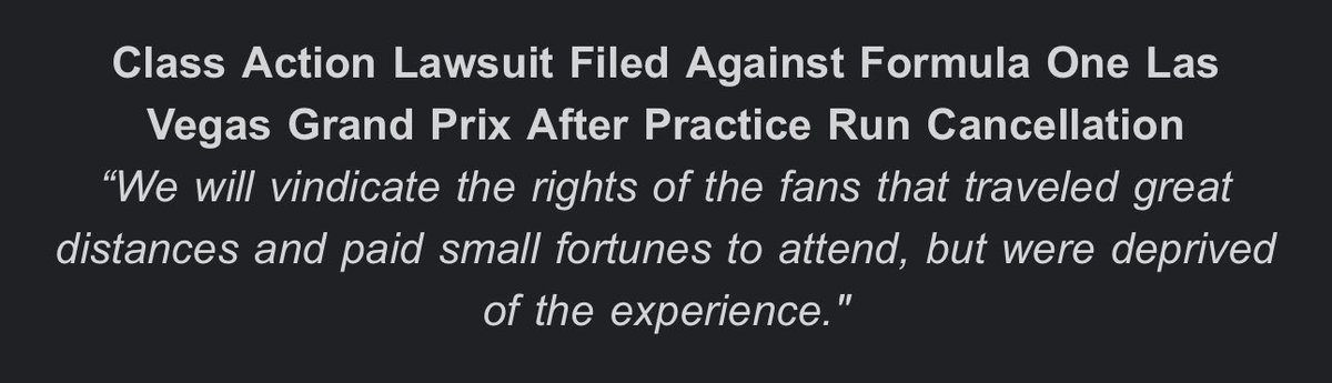 redflagf1_'s tweet photo. 🚨A class action lawsuit has been filed against the F1 Las Vegas Grand Prix in relation to fans who were escorted out of spectator zones after Thursday’s delayed practice session.

💥Lawsuit  alleges breach of contract, negligence, and deceptive trade practices.

#F1 #LasVegasGP https://t.co/83DmZj9cXI