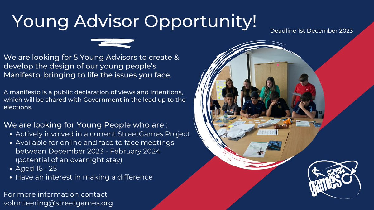 We are l👀king for 5️⃣ Young People to help shape our young people's manifesto, bringing to life the issues that you face. More ℹ️in the flyer 👇 🔗to application: forms.office.com/e/7aj6uurPke @StreetGames