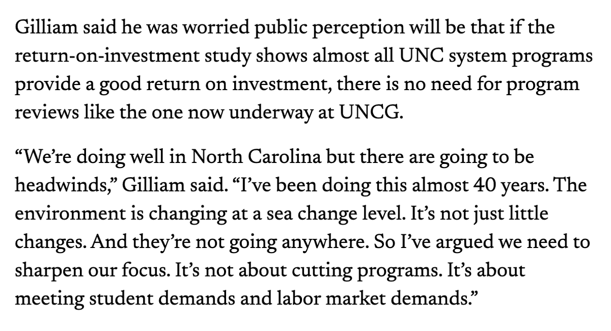University admins claim to be "data-driven" and "run universities like a business," but when study after study finds liberal arts majors get good outcomes, are cheap to run, and are in fact profit centers, admins cut them anyway for ideological reasons.

ncnewsline.com/2023/11/16/new…