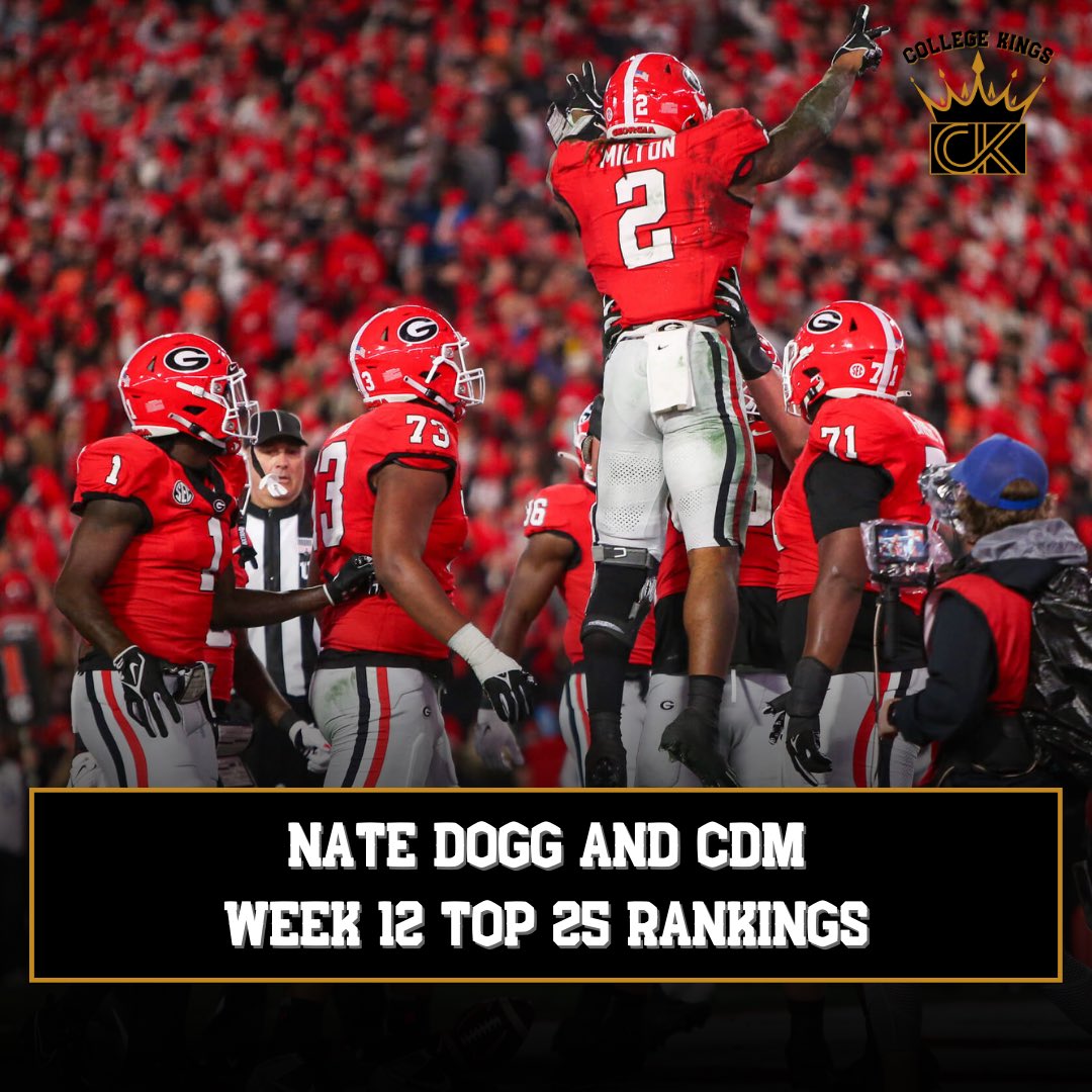 ND__Sports's tweet photo. @NateLeeReports &amp; @CarsondavidMor1 drop their Week 12 Top 25 Rankings‼️

Is Georgia the best team in the country?? | College Kings Ep. 12 Pod links below⬇️

Follow @ND__Sports for more | #cfb #cfbplayoff #cfp #top25 #rankings #collegefootball #collegegameday #nds https://t.co/Zih7x4mqnf