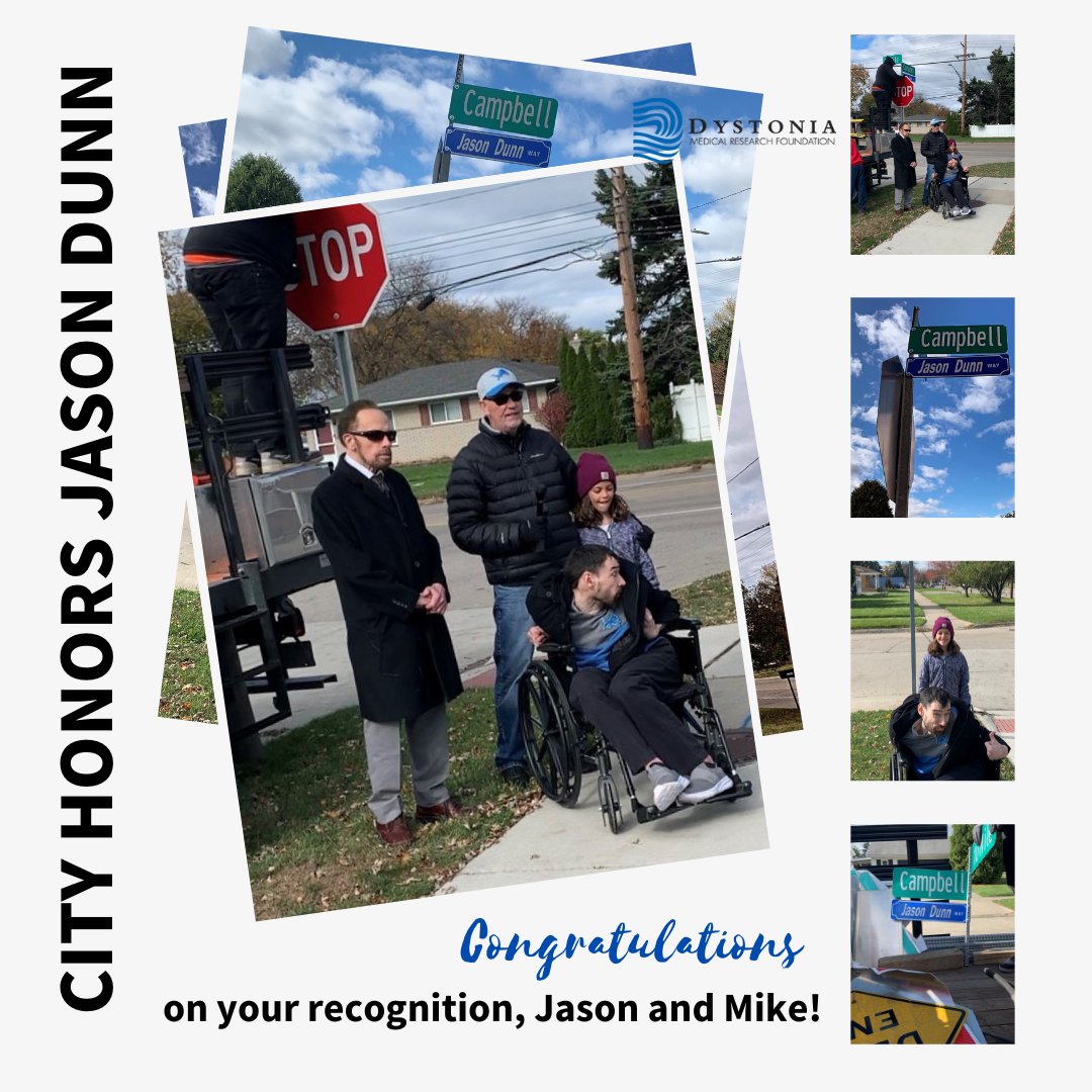 Congratulations to Jason Dunn for a well-deserved honor from the City of Warren, Michigan! Jason and Mike Delise have worked tirelessly to raise awareness of dystonia. Watch Jason Dunn Street Dedication bit.ly/3umHd9Y #DystoniaAwareness @DMRF @cityofwarren