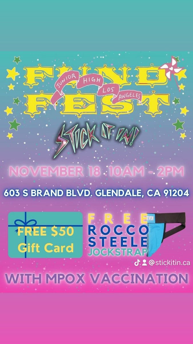 Come to <a href="/juniorhighLA/">Junior High</a> in Glendale today for coffee &amp; pastries, space yoga, and drawing &amp; writing workshops -- &amp; covid, flu, &amp; mpox vaxxing! Your choice of any two $25 Amazon, Starbucks, or Vallarta Supermarket gift cards if you get mpox-vaccinated. Till 2pm today.